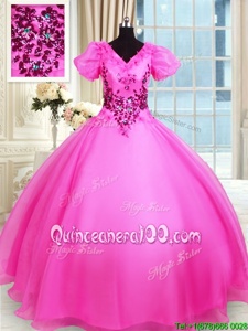 Best Ball Gowns 15th Birthday Dress Hot Pink V-neck Organza Short Sleeves Floor Length Lace Up