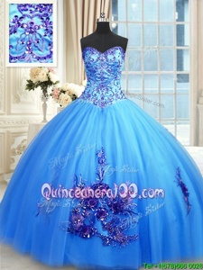 Blue Sweetheart Lace Up Beading and Appliques and Embroidery Quinceanera Gown Sleeveless