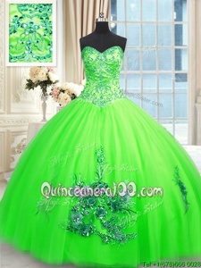 Super Tulle Sweetheart Sleeveless Lace Up Appliques Ball Gown Prom Dress inSpring Green