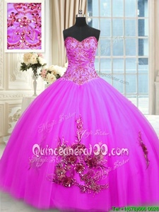 Luxurious Fuchsia Sweet 16 Quinceanera Dress Military Ball and Sweet 16 and Quinceanera and For withBeading and Appliques and Embroidery Sweetheart Sleeveless Lace Up