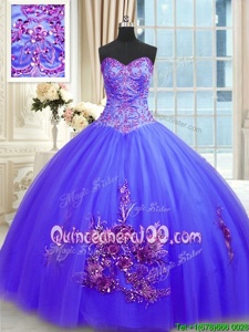 Fantastic Blue Lace Up Sweetheart Embroidery Quinceanera Dresses Tulle Sleeveless