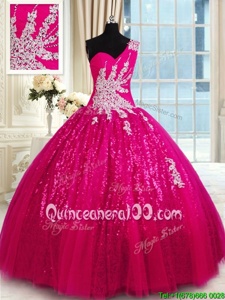 Perfect Tulle and Sequined One Shoulder Sleeveless Lace Up Appliques Quinceanera Gowns inHot Pink