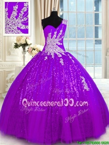 Sophisticated One Shoulder Appliques Ball Gown Prom Dress Purple Lace Up Sleeveless Floor Length