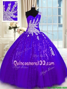 Charming One Shoulder Sleeveless Quinceanera Dresses Floor Length Appliques Purple Tulle and Sequined