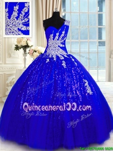 Popular One Shoulder Royal Blue Ball Gowns Appliques Sweet 16 Quinceanera Dress Lace Up Tulle and Sequined Sleeveless Floor Length