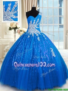Wonderful Blue Lace Up One Shoulder Appliques Ball Gown Prom Dress Tulle and Sequined Sleeveless