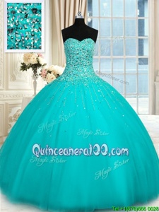 Adorable Sweetheart Sleeveless Quinceanera Dresses Floor Length Beading Turquoise Tulle