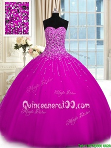 Exceptional Floor Length Fuchsia Quinceanera Dresses Tulle Sleeveless Spring and Summer and Fall and Winter Beading
