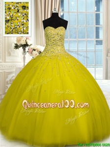 Custom Design Yellow Quinceanera Gown Military Ball and Sweet 16 and Quinceanera and For withBeading Sweetheart Sleeveless Lace Up