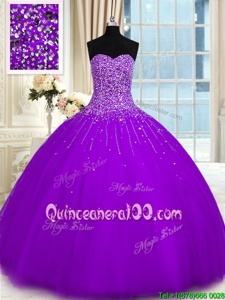 Modest Sleeveless Tulle Floor Length Lace Up Ball Gown Prom Dress inPurple forSpring and Summer and Fall and Winter withBeading