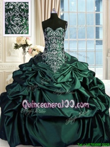 Sophisticated Floor Length Dark Green Quince Ball Gowns Taffeta Sleeveless Spring and Summer and Fall and Winter Beading and Embroidery and Pick Ups