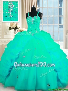 Most Popular Turquoise Sleeveless Organza Sweep Train Lace Up Quinceanera Dresses forMilitary Ball and Sweet 16 and Quinceanera