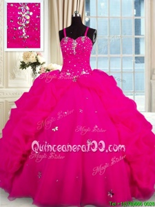 Spaghetti Straps Sleeveless Organza Quinceanera Gowns Beading Brush Train Lace Up
