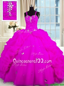 Fantastic Fuchsia Ball Gowns Beading and Pick Ups 15th Birthday Dress Lace Up Organza Sleeveless Floor Length