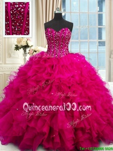 Low Price Sequins Ball Gowns 15th Birthday Dress Fuchsia Sweetheart Organza Sleeveless Floor Length Lace Up