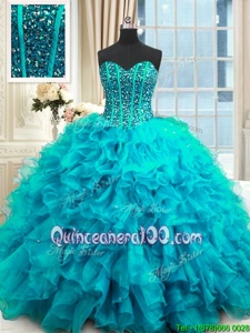 Baby Blue Sleeveless Beading and Ruffles and Sequins Floor Length Sweet 16 Dresses
