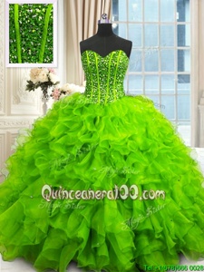 Captivating Spring Green Organza Lace Up Sweet 16 Quinceanera Dress Sleeveless Floor Length Beading and Ruffles and Sequins