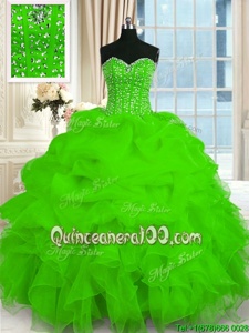 Popular Spring Green Lace Up Sweetheart Beading and Ruffles Quince Ball Gowns Organza Sleeveless
