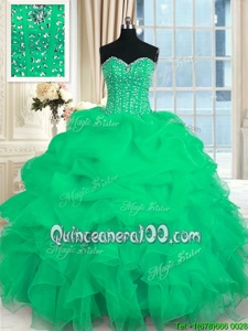 Turquoise Ball Gowns Beading and Ruffles 15 Quinceanera Dress Lace Up Organza Sleeveless Floor Length