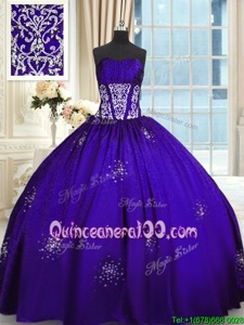 Hot Sale Purple Sleeveless Floor Length Beading and Appliques and Ruching Lace Up Sweet 16 Quinceanera Dress