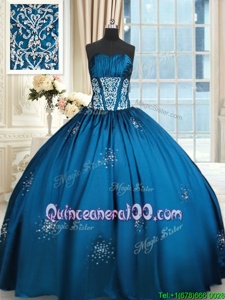 Super Blue and Teal Taffeta Lace Up Strapless Sleeveless Floor Length Ball Gown Prom Dress Beading and Appliques and Ruching