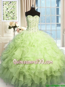 Artistic Floor Length Yellow Green Quince Ball Gowns Organza Sleeveless Spring and Summer and Fall and Winter Beading and Ruffles and Sequins