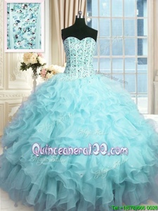 Affordable Sweetheart Sleeveless Organza Quinceanera Gown Beading and Ruffles and Sequins Lace Up