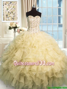 Top Selling Beading and Ruffles Quinceanera Gown Champagne Lace Up Sleeveless Floor Length