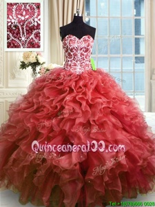 Wine Red Sweetheart Lace Up Beading and Ruffles Vestidos de Quinceanera Sleeveless