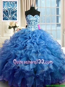 Perfect Blue Organza Lace Up Sweetheart Sleeveless Floor Length Quinceanera Dresses Beading and Ruffles