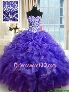 Sweetheart Sleeveless Organza Quince Ball Gowns Beading and Ruffles Lace Up