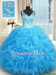 Amazing Sleeveless Floor Length Beading and Ruffles Zipper Quinceanera Dresses with Blue