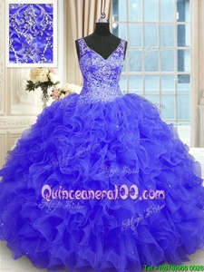Eye-catching Floor Length Purple Quinceanera Dress Organza Sleeveless Spring and Summer and Fall and Winter Beading and Ruffles