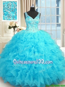 Latest Baby Blue Sleeveless Beading and Ruffles Floor Length 15 Quinceanera Dress