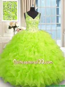 Stunning Floor Length Zipper Sweet 16 Dress Spring Green and In forMilitary Ball and Sweet 16 and Quinceanera withBeading and Ruffles