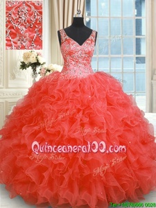 Adorable Organza V-neck Sleeveless Zipper Beading and Ruffles Quinceanera Dress inWatermelon Red