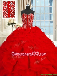 Custom Fit Sleeveless With Train Beading and Ruffles Lace Up Quinceanera Dresses with Red Brush Train