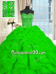 Spectacular Spring Green Organza Lace Up 15 Quinceanera Dress Sleeveless With Brush Train Beading and Ruffles