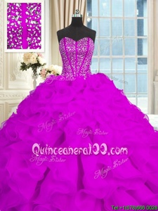 Delicate Purple Lace Up 15th Birthday Dress Beading and Ruffles Sleeveless With Brush Train