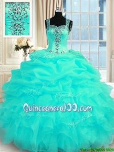 Vintage Turquoise Organza Zipper Straps Sleeveless Floor Length Quince Ball Gowns Beading and Ruffles