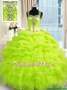 Sleeveless Organza Floor Length Zipper Quince Ball Gowns inSpring Green forSpring and Summer and Fall and Winter withBeading and Ruffles