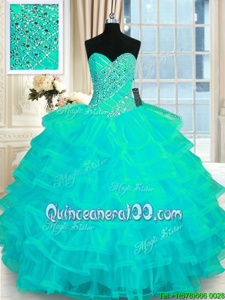 High End Floor Length Lace Up Ball Gown Prom Dress Turquoise and In forMilitary Ball and Sweet 16 and Quinceanera withBeading and Ruffled Layers