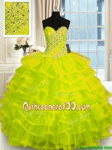 Beauteous Floor Length Yellow Green Quinceanera Dress Organza Sleeveless Spring and Summer and Fall and Winter Beading and Ruffled Layers