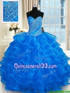Super Blue Ball Gowns Organza Sweetheart Sleeveless Beading and Ruffled Layers Floor Length Lace Up Quinceanera Gown