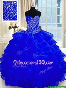 Modest Royal Blue Organza Lace Up Quinceanera Dress Sleeveless Floor Length Beading and Ruffled Layers