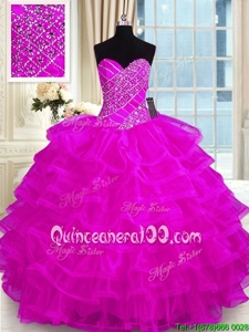 Flirting Organza Sweetheart Sleeveless Lace Up Beading and Ruffled Layers Ball Gown Prom Dress inFuchsia