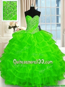 Best Selling Spring Green Sleeveless Floor Length Beading and Ruffled Layers Lace Up Quinceanera Gown