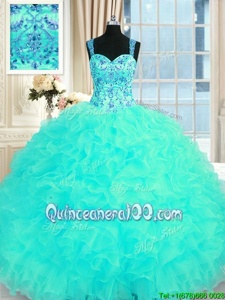 Chic Embroidery and Ruffles Quinceanera Dress Aqua Blue Lace Up Sleeveless Floor Length