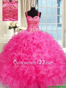 Cheap Hot Pink Lace Up Straps Embroidery and Ruffles Quinceanera Gown Organza Sleeveless