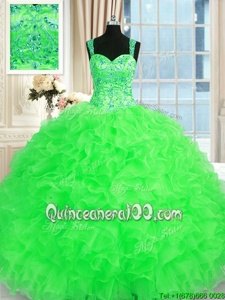 Delicate Spring Green Straps Neckline Beading and Embroidery and Ruffles Quinceanera Gown Sleeveless Lace Up